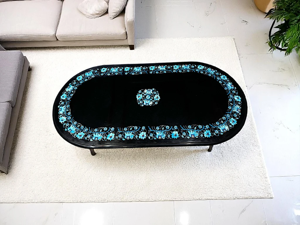 Black Marble Oval Table with Turquoise Floral Inlay